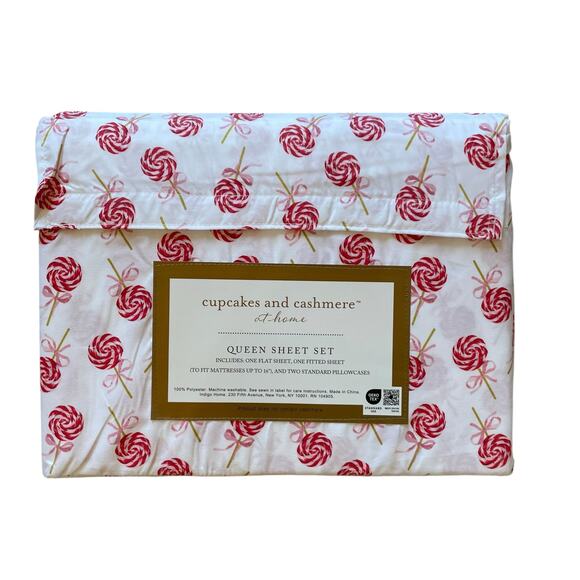 Cupcakes & Cashmere 4-Piece KING Sheet Set Holiday Peppermint Lollipops Bows NEW - Picture 2 of 10